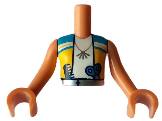 Torso Mini Doll Girl Dark Azure and Yellow Vest over White Shirt, Necklace, Scissors and Comb in Silver Belt Pattern, Nougat Arms with Hands