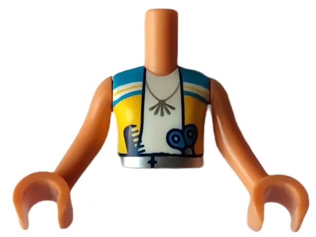 Torso Mini Doll Girl Dark Azure and Yellow Vest over White Shirt, Necklace, Scissors and Comb in Silver Belt Pattern, Nougat Arms with Hands