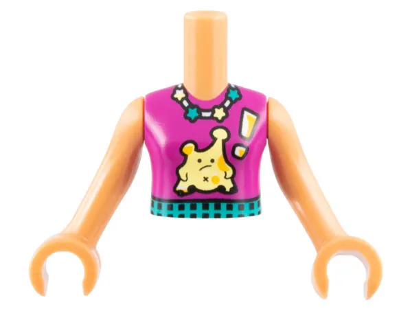 Torso Mini Doll Girl Magenta Top, Star Necklace, Dark Turquoise Belt, Bright Light Yellow Alien with Exclamation Mark Pattern, Nougat Arms with Hands