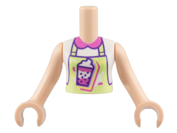 Torso Mini Doll Girl White Shirt, Dark Pink Collar, Yellowish Green Apron, Bubble Tea Pattern, Light Nougat Arms with Hands