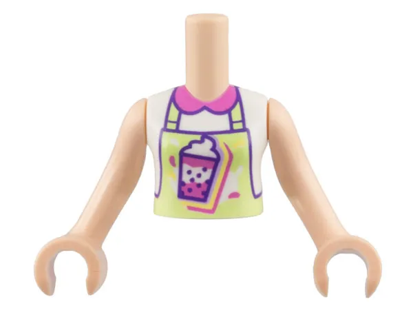 Torso Mini Doll Girl White Shirt, Dark Pink Collar, Yellowish Green Apron, Bubble Tea Pattern, Light Nougat Arms with Hands