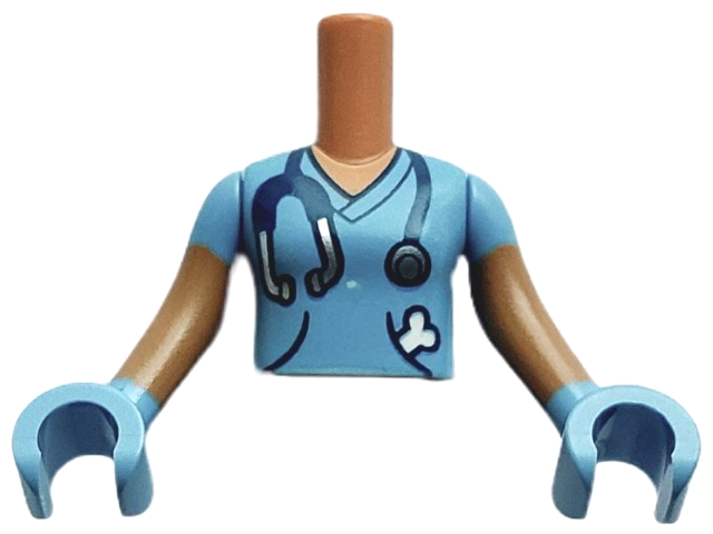 Torso Mini Doll Girl Medium Blue Shirt with Stethoscope and Bone in Pocket Pattern, Medium Nougat Arms with Hands with Medium Blue Short Sleeves and Gloves