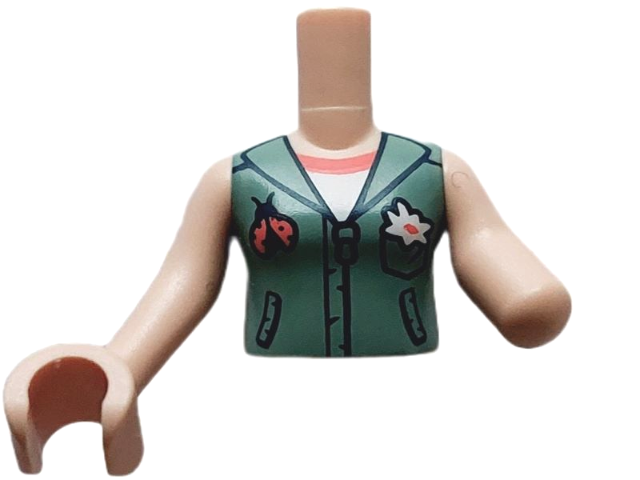 Torso Mini Doll Girl Sand Green Vest with Zipper over White Shirt, Flower and Ladybug Pattern, Light Nougat Arm Left, Light Nougat Arm with Hand Right