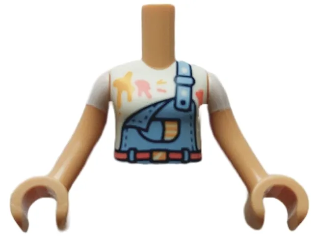 Torso Mini Doll Girl Bright Light Blue Overalls over White Shirt with Paint Stains Pattern, Medium Tan Arms with Hands with White Short Sleeves
