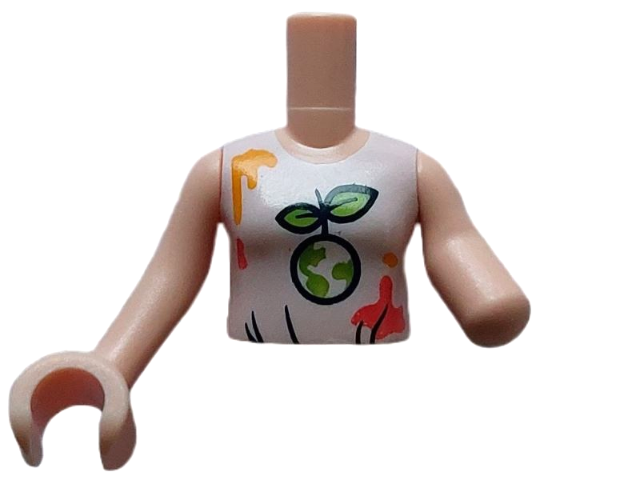 Torso Mini Doll Girl White Top, Paint Stains and Bright Green Leaves Pattern, Light Nougat Arm Left, Light Nougat Arm with Hand Right