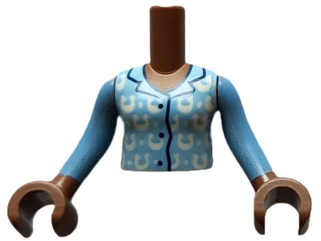 Torso Mini Doll Girl Bright Light Blue Pajamas Top with White Horseshoes and Dots Pattern, Medium Brown Arms with Hands with Medium Blue Long Sleeves