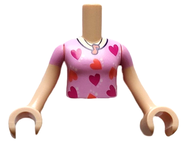 Torso Mini Doll Girl Bright Pink Pajamas Top with Magenta and Coral Hearts Pattern, Light Nougat Arms with Hands with Bright Pink Short Sleeves