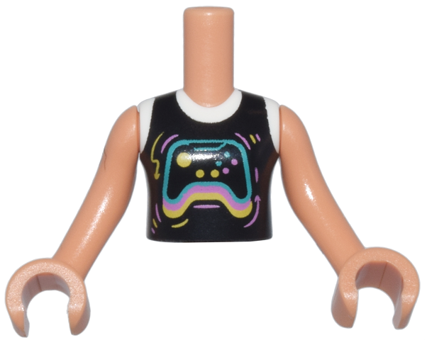 Torso Mini Doll Girl Black and White Shirt with Dark Turquoise, Bright Pink, and Yellow Video Game Controller Pattern, Nougat Arms with Hands