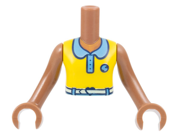 Torso Mini Doll Girl Yellow Sleeveless Top, Medium Blue Collar and Badge, White Belt Pattern, Medium Brown Arms with Hands