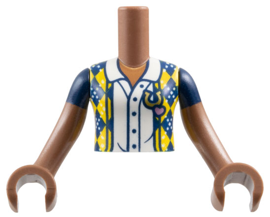 Torso Mini Doll Girl Dark Blue Vest with Yellow and White Diamonds over Blouse Pattern, Medium Brown Arms with Hands with Dark Blue Short Sleeves