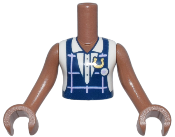 Torso Mini Doll Girl Dark Blue Gym Slip Top, Bright Pink Plaid with Gold Horseshoe over White Blouse Pattern, Medium Brown Arms with Hands