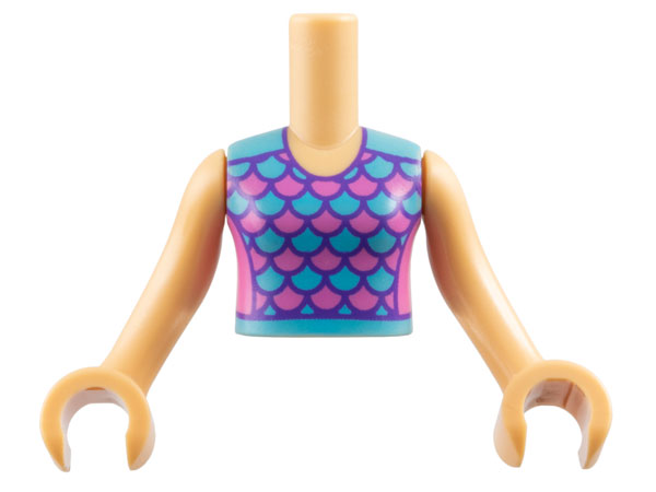 Torso Mini Doll Girl Dark Pink and Medium Azure Top with Scales and Dark Purple Edges Pattern, Medium Tan Arms with Hands