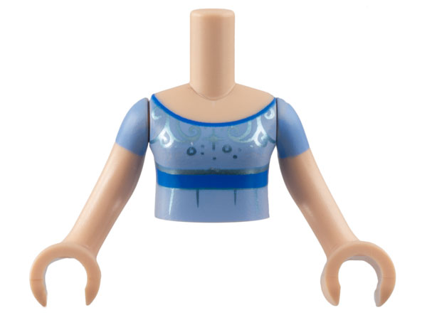 Torso Mini Doll Girl Bright Light Blue Dress, Blue Trim, Metallic Light Blue Filigree Pattern, Light Nougat Arms with Hands with Bright Light Blue Short Sleeves