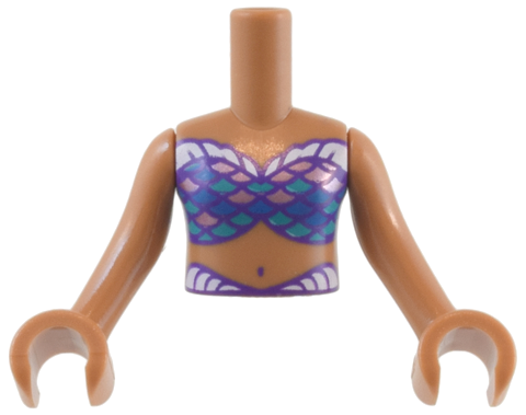 Torso Mini Doll Girl Dark Purple Bikini Bra Top with Dark Turquoise, Metallic Pink and Blue Scales, White Trim Pattern, Medium Nougat Arms with Hands