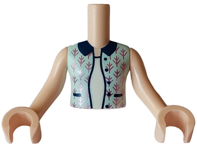 Torso Mini Doll Girl Light Aqua Sleeveless Vest with Dark Blue Pockets, Buttons and Collar, and Metallic Pink Branches over White Shirt Pattern, Light Nougat Arms with Hands