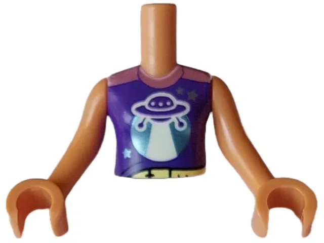 Torso Mini Doll Girl Dark Purple Sleeveless Shirt with UFO, Metallic Pink Collar, Metallic Light Blue Stars and Panels, and Bright Light Yellow Belt Pattern, Nougat Arms with Hands