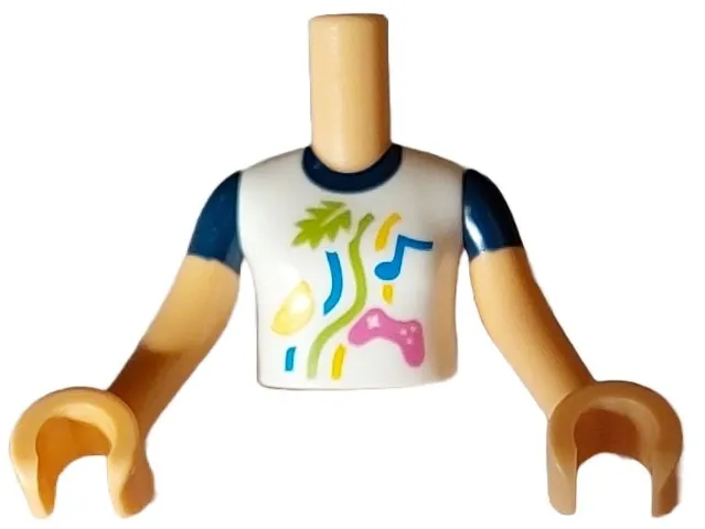 Torso Mini Doll Girl White Shirt with Dark Blue Collar, Dark Pink Video Game Controller, Blue Musical Note, Lime Leaf, Yellow Lemon Slice, Wavy Lines Pattern, Medium Tan Arms with Hands with Dark Blue Short Sleeves