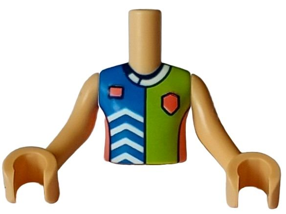 Torso Mini Doll Girl Blue, Lime, and Coral Sports Uniform Shirt with White Chevrons and Collar, Dark Blue Number 2 on Back Pattern, Medium Tan Arms with Hands