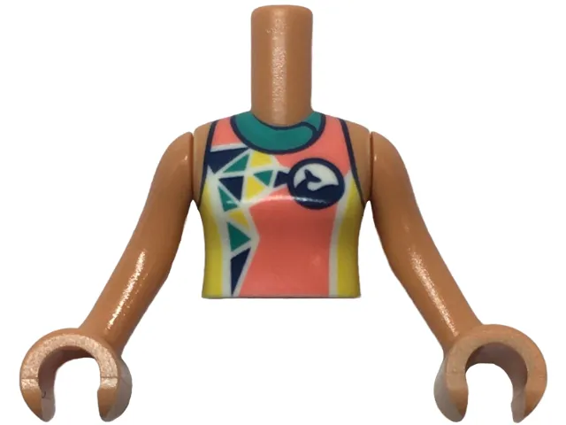Torso Mini Doll Girl Coral, Dark Turquoise, and Yellow Wetsuit with Dolphin / Whale Logo and Triangles Pattern, Nougat Arms with Hands