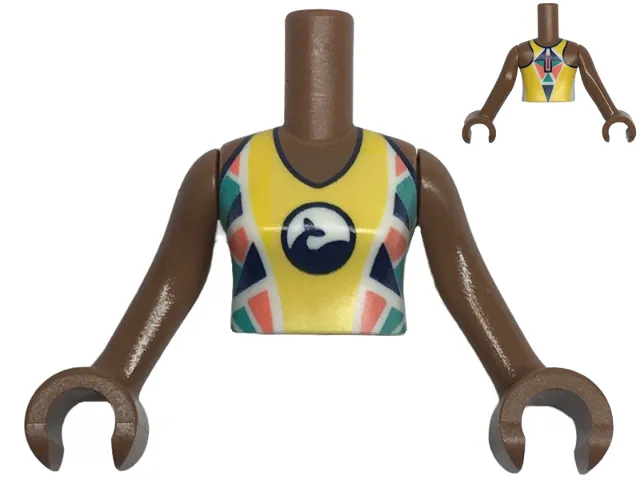 Torso Mini Doll Girl Yellow Wetsuit with Dolphin / Whale Logo, Coral, Dark Blue and Dark Turquoise Triangles and Coral Zipper on Back Pattern, Medium Brown Arms with Hands