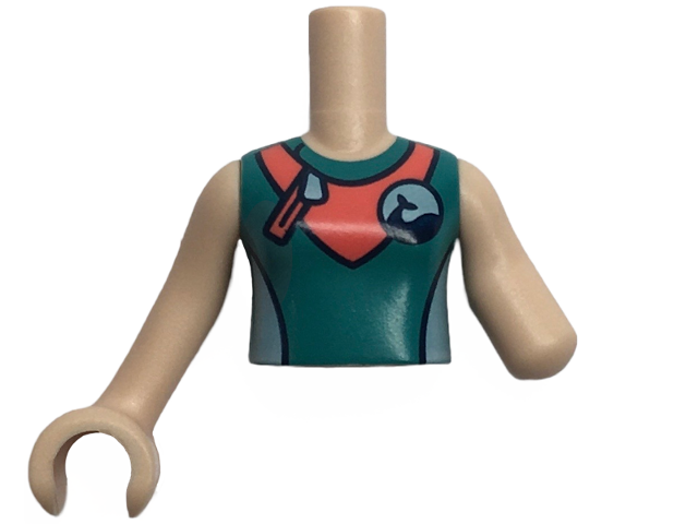 Torso Mini Doll Girl Dark Turquoise, White and Coral Wetsuit with Zipper and Dolphin / Whale Logo Pattern, Light Nougat Arm Left, Light Nougat Arm with Hand Right