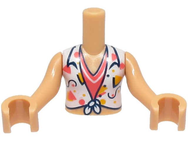 Torso Mini Doll Girl White Knotted Blouse with Dark Blue, Coral and Bright Light Orange Lines and Shapes over Shirt Pattern, Medium Tan Arms with Hands