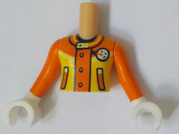 Torso Mini Doll Girl Yellow and Orange Ski Suit Jacket with Black Outlined Pockets, Buttons and Collar with White Snowman Face Pattern, Orange Arms / Sleeves with White Hands / Gloves