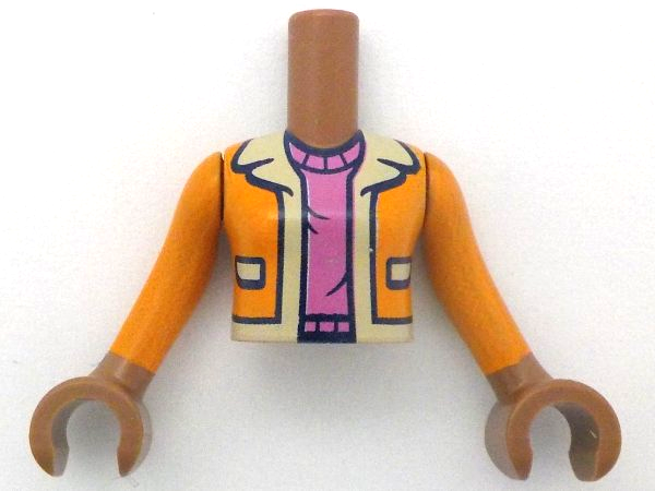 Torso Mini Doll Girl Orange Jacket with Tan Collar, Hems and Pockets over Dark Pink Sweater Pattern, Medium Brown Arms with Hands with Orange Long Sleeves