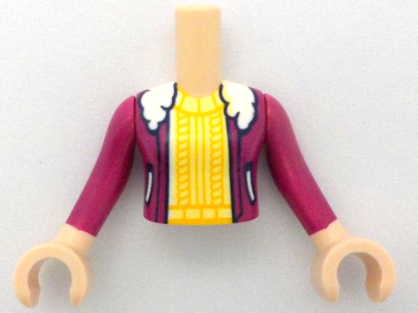 Torso Mini Doll Girl Magenta Jacket with White Fur Collar and Pockets over Bright Light Yellow and Bright Light Orange Sweater Pattern, Light Nougat Arms with Hands with Magenta Long Sleeves