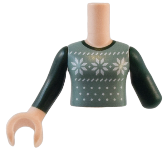 Torso Mini Doll Girl Sand Green Fair Isle Sweater Vest with White Snowflakes Pattern, Arm with Dark Green Long Sleeve Left, Light Nougat Arm with Hand with Dark Green Long Sleeve Right