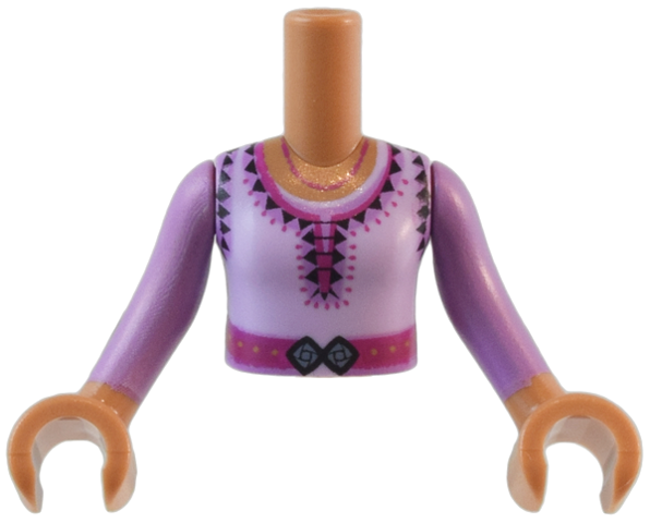 Torso Mini Doll Girl Lavender Top with Magenta Belt, Medium Blue Buckle and Dark Purple Triangles, Dots and Laces Pattern, Medium Nougat Arms and Hands with Medium Lavender Long Sleeves