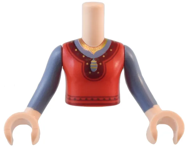 Torso Mini Doll Girl Red Top with Dark Red Hem, Gold Collar and Sparkles Pattern, Light Nougat Arms and Hands with Sand Blue Long Sleeves