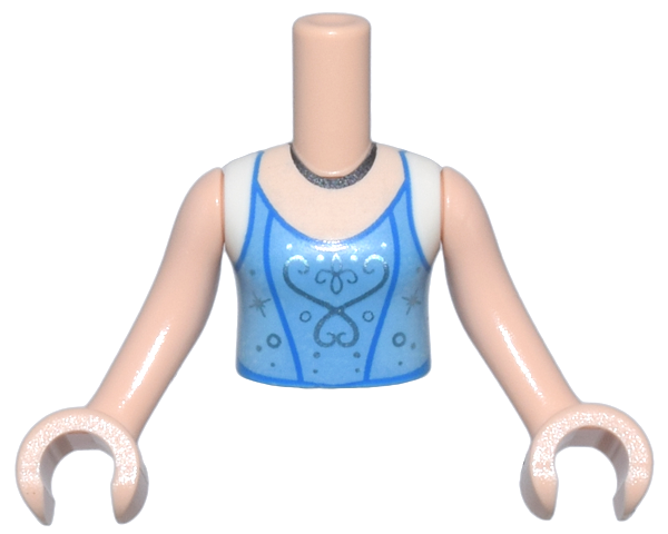 Torso Mini Doll Girl Medium Blue Top with White Cap Sleeves, Blue Trim, Metallic Light Blue Scrolls and Sparkles, Black Necklace Pattern, Light Nougat Arms with Hands
