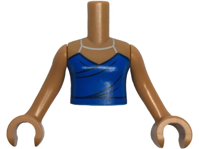Torso Mini Doll Girl Blue Halter Dress Top with Silver Straps, Dark Blue Trim and Creases Pattern, Medium Nougat Arms with Hands