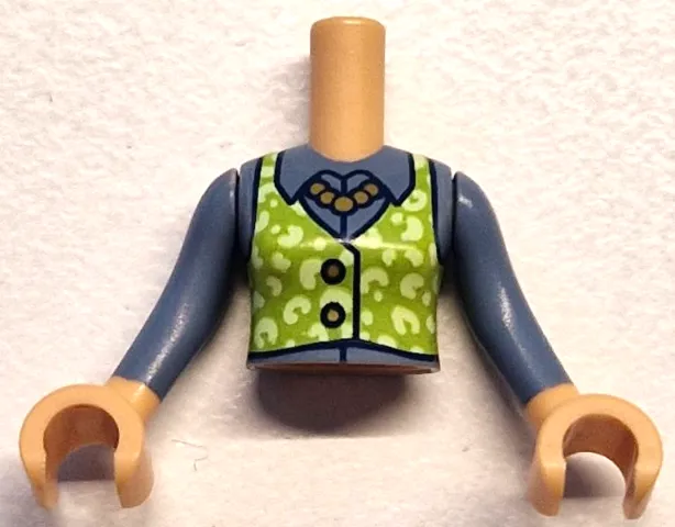 Torso Mini Doll Girl Lime Vest with Yellowish Green Spots, Gold Necklace and 2 Buttons over Sand Blue Blouse Pattern, Medium Tan Arms with Hands with Sand Blue Long Sleeves