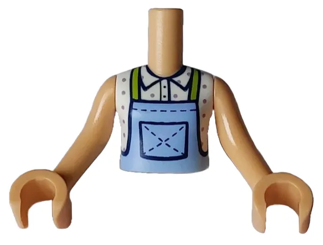 Torso Mini Doll Girl Bright Light Blue Overalls with Black Pocket and Lime Straps over White Shirt with Magenta Dots Pattern, Medium Tan Arms with Hands