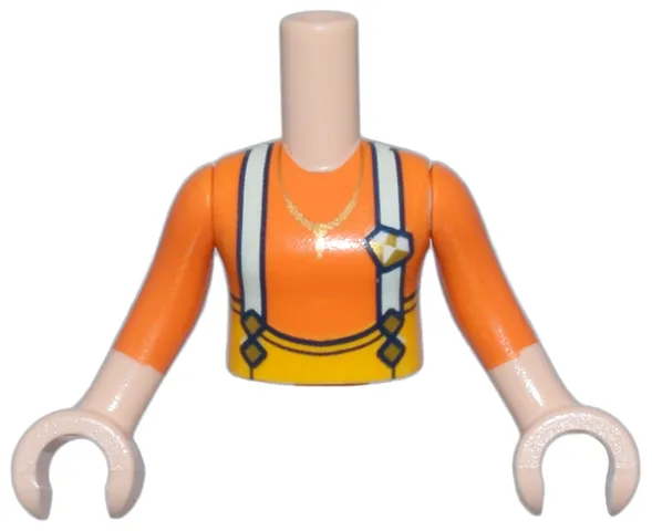 Torso Mini Doll Girl Orange Shirt, Light Aqua Suspenders, Gold Buckles and Necklace Pattern, Light Nougat Arms with Hands with Orange Sleeves