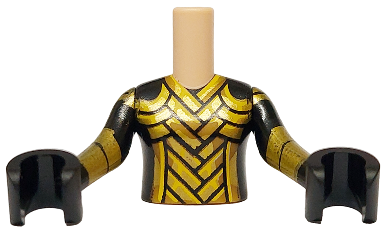 Torso Mini Doll Girl Black Top with Gold Stripes Pattern, Black Arms with Hands with Gold Stripes