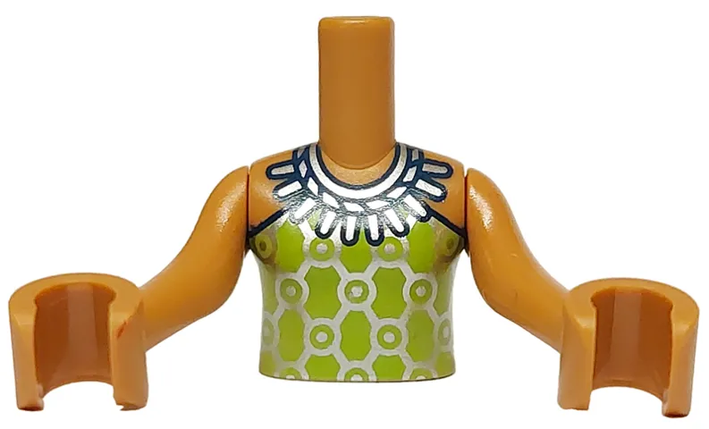 Torso Mini Doll Girl Lime Halter Top with Silver Necklace, Geometric Circles and Diamonds Pattern, Medium Nougat Arms with Hands