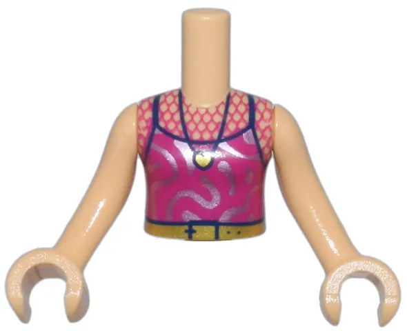 Torso Mini Doll Girl Magenta Tank Top with Mesh, Silver Swirls, and Gold and Dark Blue Belt and Necklace Pattern, Medium Tan Arms with Hands