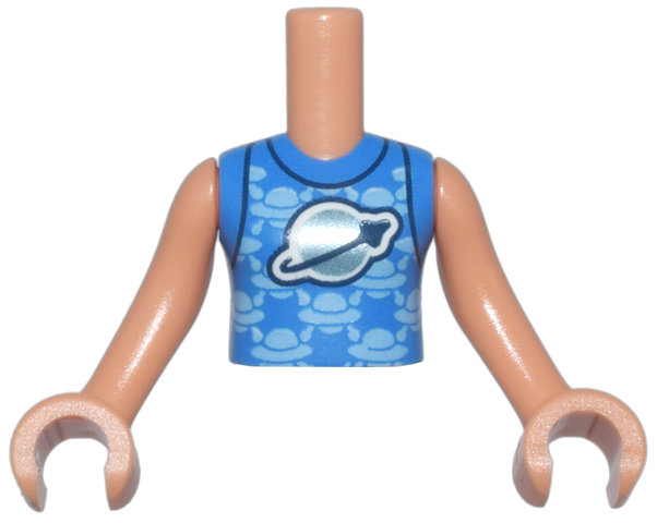 Torso Mini Doll Girl Blue Shirt with Metallic Light Blue Classic Space Logo and Bright Light Blue Spaceships Pattern, Nougat Arms with Hands