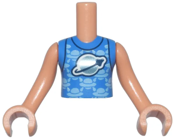 Torso Mini Doll Girl Blue Shirt with Metallic Light Blue Classic Space Logo and Bright Light Blue Spaceships Pattern, Nougat Arms with Hands