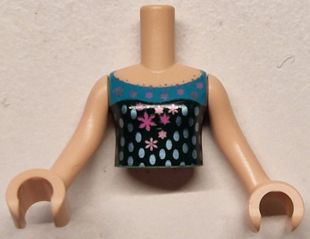Torso Mini Doll Girl Dark Turquoise and Dark Green Halter Top with Dark Pink and Metallic Pink Snowflakes and Metallic Light Blue Dots Pattern, Light Nougat Arms with Hands