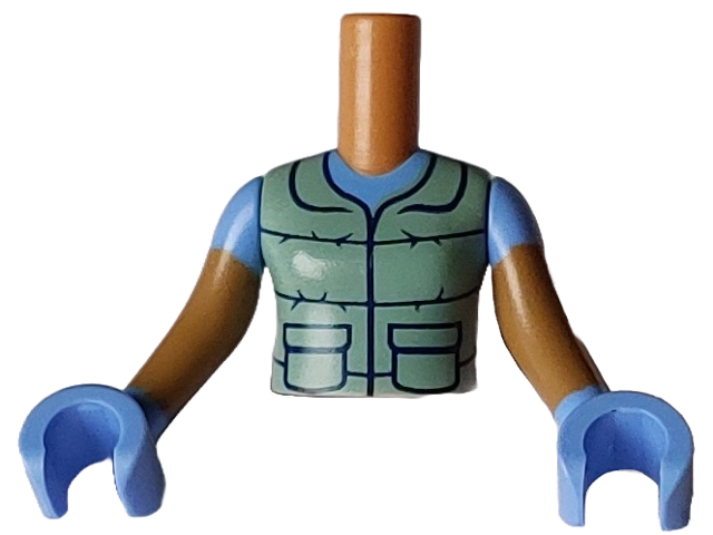 Torso Mini Doll Girl Sand Green Vest with Black Pockets, Collar and Spiked Stripes over Medium Blue T-Shirt Pattern, Medium Nougat Arms with Hands with Medium Blue Short Sleeves and Gloves