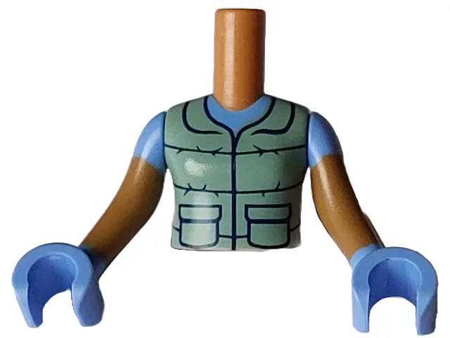 Torso Mini Doll Girl Sand Green Vest with Black Pockets, Collar and Spiked Stripes over Medium Blue T-Shirt Pattern, Medium Nougat Arms with Hands with Medium Blue Short Sleeves and Gloves