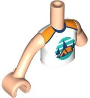 Torso Mini Doll Girl White Sleeveless Top with Orange Tent, Dark Blue Trees, Dark Turquoise Sky and Ground Pattern, Light Nougat Arm Left, Light Nougat Arm with Hand Right