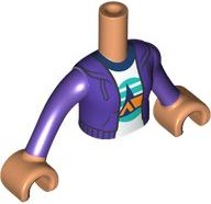 Torso Mini Doll Girl Dark Purple Hoodie over White Shirt with Orange Tent, Dark Blue Trees, Dark Turquoise Sky and Ground Pattern, Nougat Arms with Hands with Dark Purple Long Sleeves
