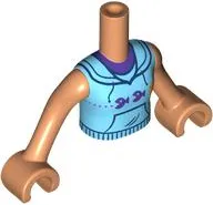 Torso Mini Doll Girl Medium Azure Sleeveless Hoodie with Dark Purple Neck, Fish and Dots Pattern, Nougat Arms with Hands