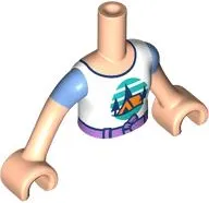 Torso Mini Doll Girl White T-Shirt with Orange Tent, Dark Blue Trees, Dark Turquoise Sky and Ground, Medium Lavender Belt Pattern, Light Nougat Arms with Hands with Medium Blue Short Sleeves