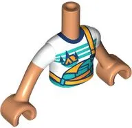 Torso Mini Doll Girl Dark Turquoise and Bright Light Orange Overalls over White T-Shirt with Orange Tent and Dark Blue Trees Pattern, Nougat Arms with Hands with White Short Sleeves